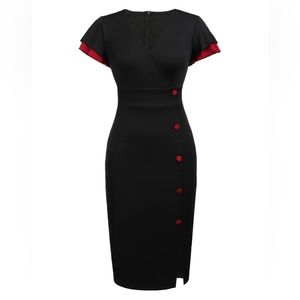 Black 1960s Button Slit Bodycon Dress